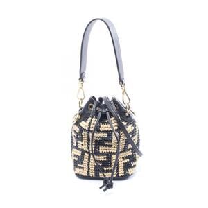 Fendi Montresor Handbag Leather Straw Tan Beige Black